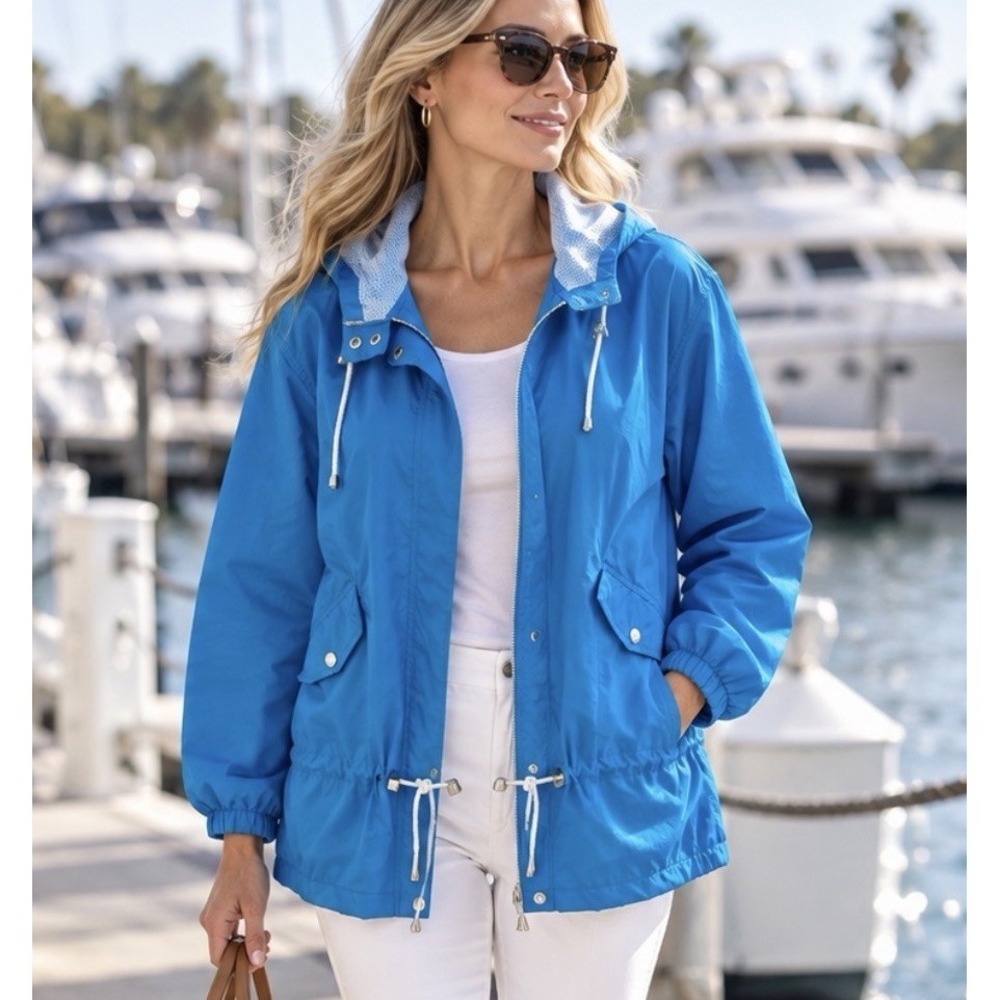VTG 80s 90s Current Seen Windbreaker Jacket Sz M/L Rain Turquoise Cobalt Blue